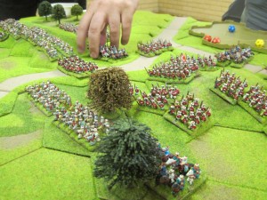 In the centre the Ottomans hold the wood and spearmen mass behind awaiting any French attack.