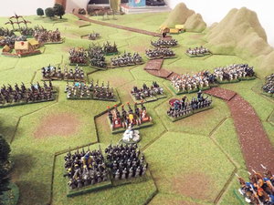 The elven counter-attack almost surrounds the orc heavy chariots